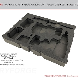 K&ouml;nnte beinhalten: Schwarzer und grauer Schaumstoffeinsatz, der f&uuml;r die Werkzeuge Milwaukee M18 Fuel Drill 2904-20 und Impact 2953-20 geeignet ist. Der Einsatz ist kompatibel mit Packout 2 Drawer 48-22-8442, 3 Drawer Multi 48-22-8447 und 3 Drawer 48-22-8443.