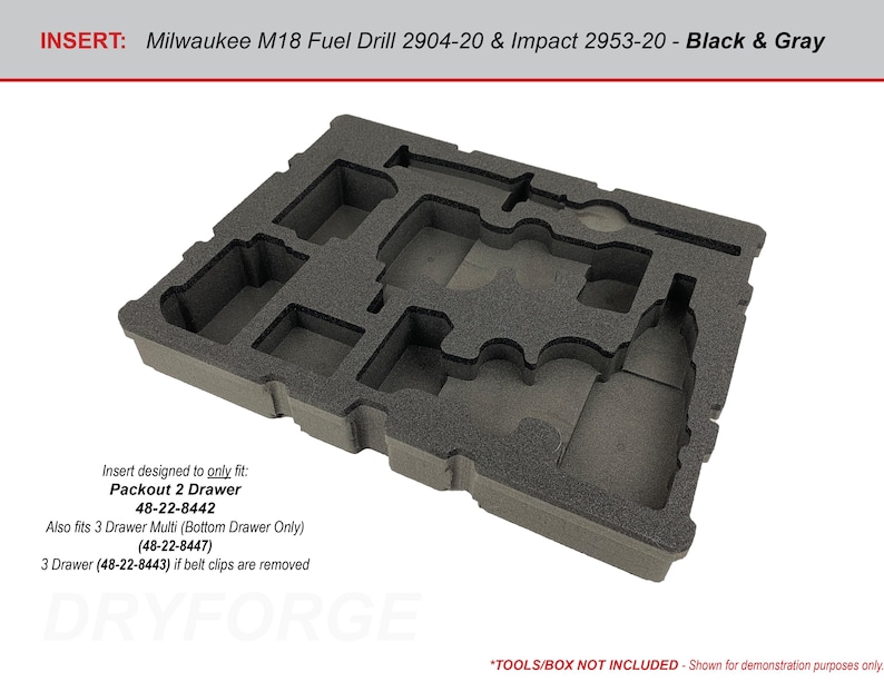 K&ouml;nnte beinhalten: Schwarzer und grauer Schaumstoffeinsatz, der f&uuml;r die Werkzeuge Milwaukee M18 Fuel Drill 2904-20 und Impact 2953-20 geeignet ist. Der Einsatz ist kompatibel mit Packout 2 Drawer 48-22-8442, 3 Drawer Multi 48-22-8447 und 3 Drawer 48-22-8443.