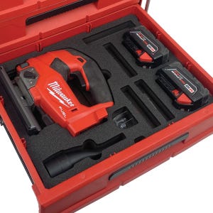 May include: A red Milwaukee FUEL jigsaw with a black handle and a black dust blower, two red and black M18 batteries, and a black carrying case.