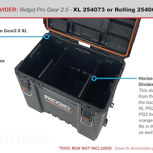 May include: A black Ridgid Pro Gear 2.0 XL tool box with an orange trim and a horizontal divider inside. The tool box is labeled "Ridgid Pro Gear 2.0 XL 254073" and "Rolling Box 254065". The text "*TOOL BOX NOT INCLUDED - Shown for demonstration purposes only." is at the bottom of the image.
