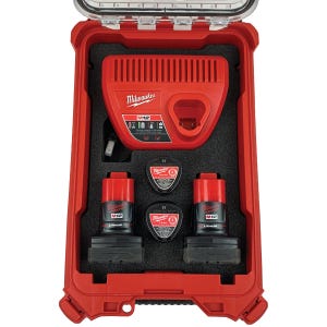 May include: A red Milwaukee M12 charger and three M12 lithium batteries are organised in a red hard case with a clear lid.