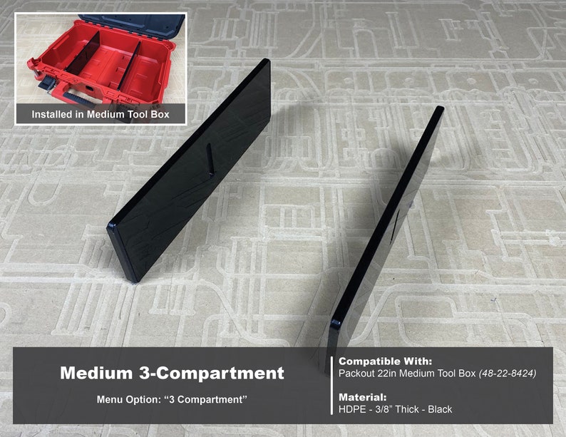 Medium Packout Tool Box Divider - Milwaukee Packout Mods Accessories Dividers - Tools/Case NOT Included 3 Compartment -Black