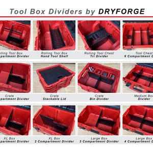 May include: A collection of red tool boxes with various dividers and compartments. The boxes are labeled with their size and type, such as "Rolling Tool Box", "Crate", "XL Box", and "Large Box". The dividers are made of black plastic and are designed to organize tools and other items.