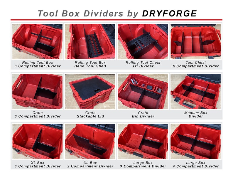 May include: A collection of red tool boxes with various dividers and compartments. The boxes are labeled with their size and type, such as "Rolling Tool Box", "Crate", "XL Box", and "Large Box". The dividers are made of black plastic and are designed to organize tools and other items.