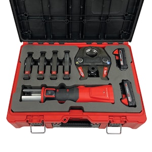 May include: A red and black tool kit with a variety of tools, including a red power tool, several black attachments, and two black battery packs. The tools are arranged in a gray foam insert within the red case.