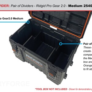 May include: A pair of black dividers for a Ridgid Pro Gear 2.0 Medium toolbox. The dividers create three compartments in the toolbox and allow the orange tool tray to fit above. *TOOL BOX NOT INCLUDED* - Shown for demonstration purposes only.