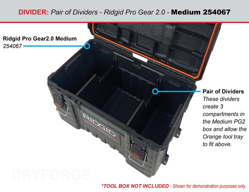 May include: A pair of black dividers for a Ridgid Pro Gear 2.0 Medium toolbox. The dividers create three compartments in the toolbox and allow the orange tool tray to fit above. *TOOL BOX NOT INCLUDED* - Shown for demonstration purposes only.