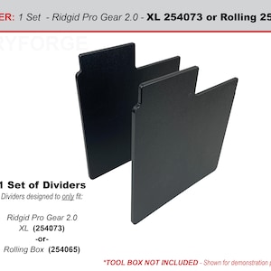 May include: A set of two black plastic dividers designed to fit the Ridgid Pro Gear 2.0 XL (254073) or Rolling Box (254065) toolboxes. The text "*TOOL BOX NOT INCLUDED - Shown for demonstration purposes only." is printed at the bottom of the image.