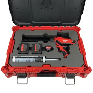 May include: A red and black Milwaukee caulking gun kit in a red hard case. The kit includes a caulking gun, two batteries, and a tube of sealant. The case is open, revealing the tools nestled in a grey foam insert.