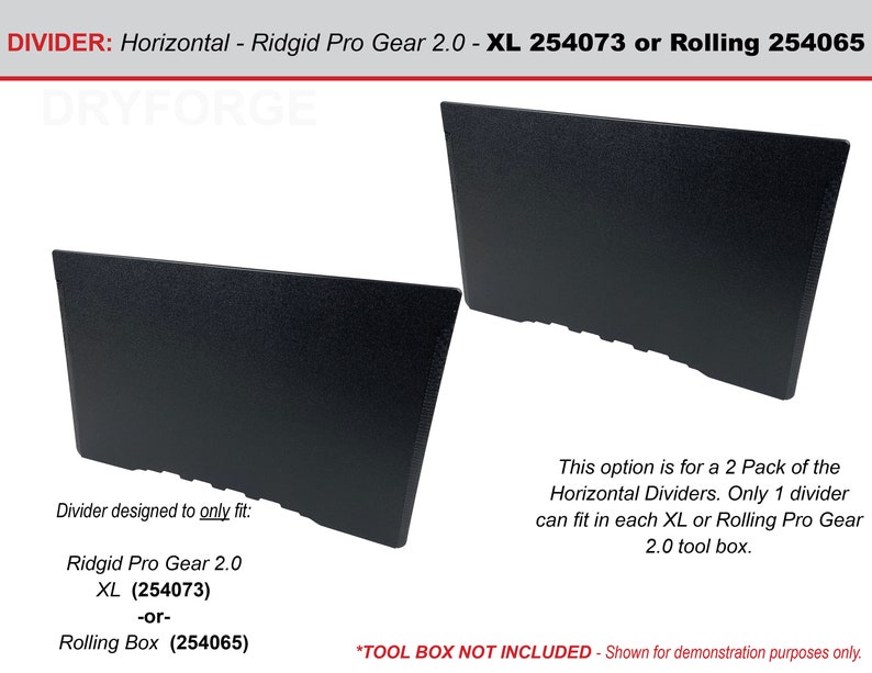 K&ouml;nnte beinhalten: Zwei schwarze horizontale Trennw&auml;nde f&uuml;r eine Ridgid Pro Gear 2.0 Werkzeugbox. Die Trennw&auml;nde sind so konzipiert, dass sie entweder in die XL (254073) oder Rolling (254065) Werkzeugbox passen. *WERKZEUGBOX NICHT INBEGRIFFEN - Nur zu Demonstrationszwecken gezeigt.