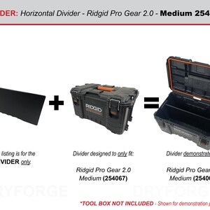 以下が含まれることがあります： Ridgid Pro Gear 2.0 Medium ツールボックス用の黒い水平ディバイダー。画像では、ツールボックスの中にディバイダーが置かれている様子が示されています。画像のテキストは「DIVIDER: Horizontal Divider - Ridgid Pro Gear 2.0 - Medium 254067」です。
