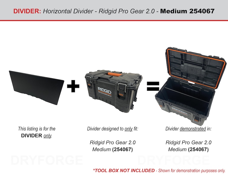 以下が含まれることがあります： Ridgid Pro Gear 2.0 Medium ツールボックス用の黒い水平ディバイダー。画像では、ツールボックスの中にディバイダーが置かれている様子が示されています。画像のテキストは「DIVIDER: Horizontal Divider - Ridgid Pro Gear 2.0 - Medium 254067」です。