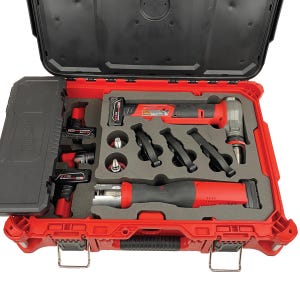 May include: An open red toolbox with a black foam interior. The toolbox contains a variety of tools, including a cordless electric tool, a hand tool, and several metal clamps. The tools are arranged in the foam to keep them organised and protected.