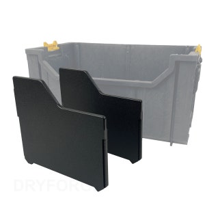 May include: Two black plastic dividers for a storage bin. The dividers are designed to fit into a larger storage bin, creating separate compartments.