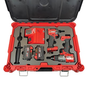 May include: Red tool case with two cordless drills, two batteries, and a screwdriver bit. The drills are a red and black impact driver and a red and grey drill driver. The batteries are red and black and labeled "M18 FUEL".