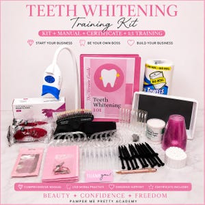 May include: A teeth whitening training kit featuring a white LED lamp, a pink binder labeled Teeth Whitening 101, a roll of paper towels, a shade guide, disposable gloves, protective eyewear, cotton swabs, syringes, and various dental accessories.