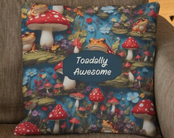 Toadally Awesome Square Pillow Case, Toads and Toadstools Decorative Pillow Case, Cottagecore Decor, Cozy Cottage Pillow Case, Rustic Decor