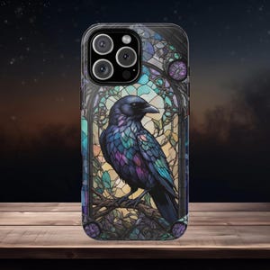 Crow Faux Stained Glass Tough Phone Case - Gothic Style Protection, Compatible with iPhone, Samsung Galaxy, Google Pixel Phones, Unique Gift