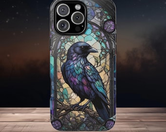 Crow Faux Stained Glass Tough Phone Case - Gothic Style Protection, Compatible with iPhone, Samsung Galaxy, Google Pixel Phones, Unique Gift