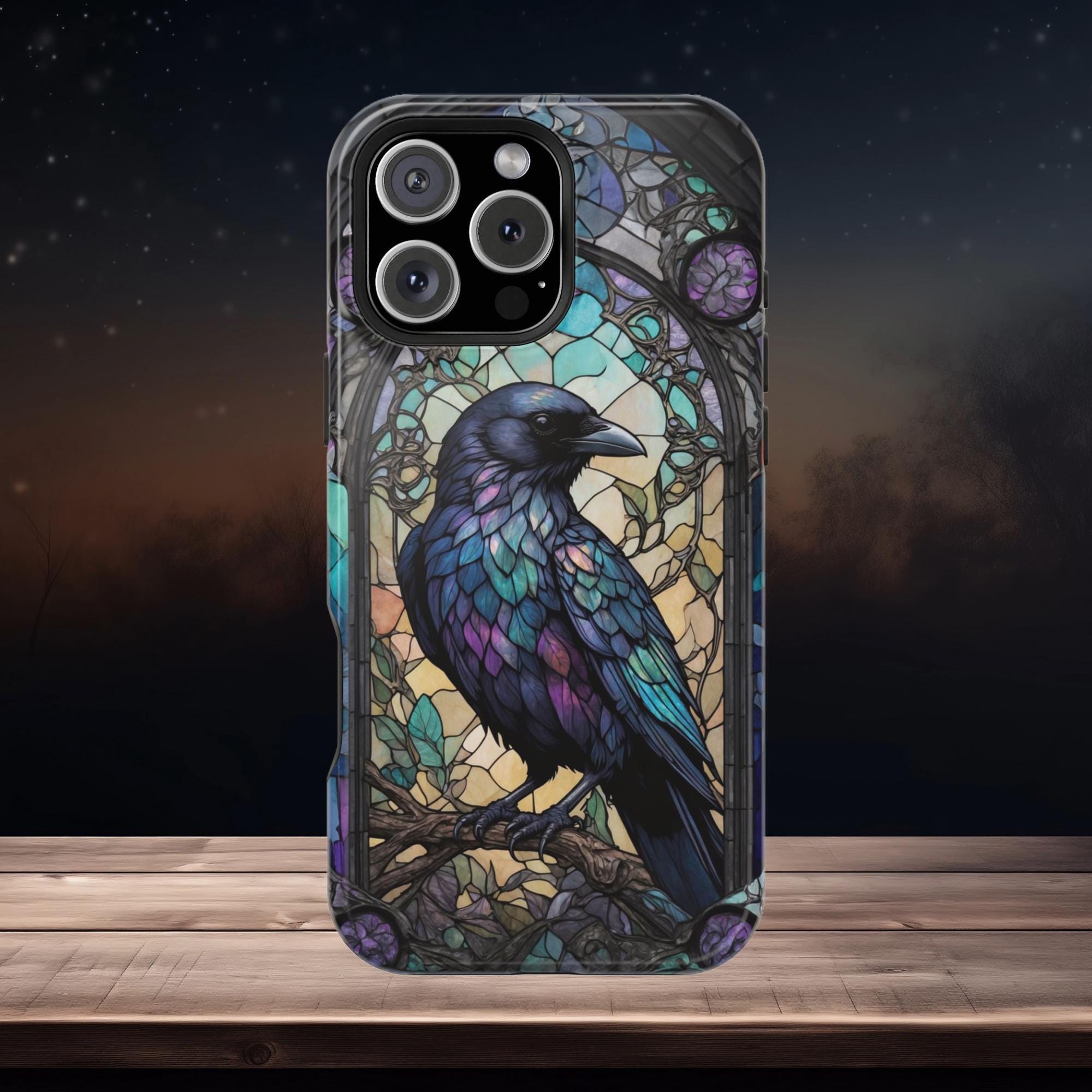 Crow Faux Stained Glass  Magnetic Tough Phone Case - Gothic Style Protection for iPhone 13-16, Unique Gift