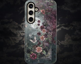 Dark Flowers & Moths Tough Phone Case - Dark Academia Style Protection, Compatible with Samsung Galaxy s21 s22 s23 s24, iPhone, Google Pixel