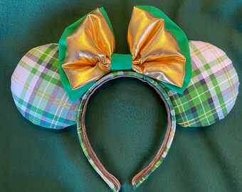 St. Patrick's Day Minnie Ears, Green Plaid & Gold Bow Disney Headband