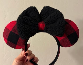 Buffalo Check Minnie Mouse Ears, Christmas Plaid, Black Sherpa Bow