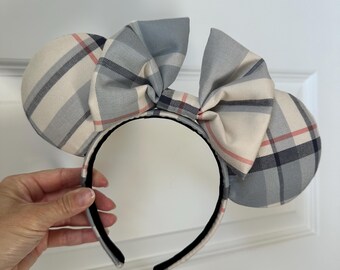Blue Plaid Neutral Mouse Ears, Cream and Blue Disney Mickey Ears