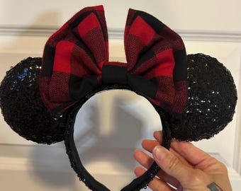 Sequin Minnie Ears Headband, Red Buffalo Plaid Bow