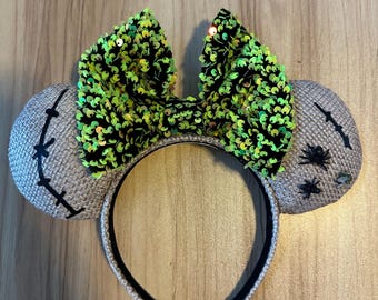 Oogie Boogie Minnie Mouse Ears, Green Sequin Bow, Burlap Halloween Disney Headband
