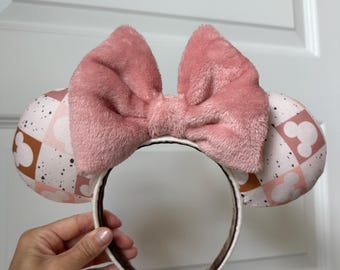 Pastel Checkered Fabric Mouse Ears, Pink Bow, Custom Printed Disney Mickey Ears