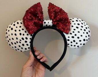 Dalmatian Minnie Ears, Spotted Fabric & Sequin Bow Headband
