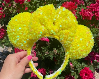 Yellow Sequin Minnie Mouse Ears, Neon Disney Ears, Sparkly Iridescent Yellow Ears Headband for Disney