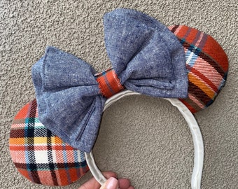 Plaid Fall Mouse Ears, Denim Bow Headband, Autumn Halloween Disney Minnie Ears