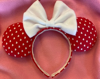Valentine Minnie Mouse Ears,  Red Heart Polka Dot, White Bow