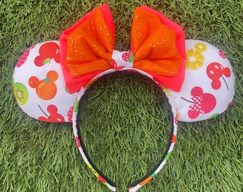 Handmade Fruit Print Minnie Ears Headband, Orange Glitter Bow, Summer Parks Accessory