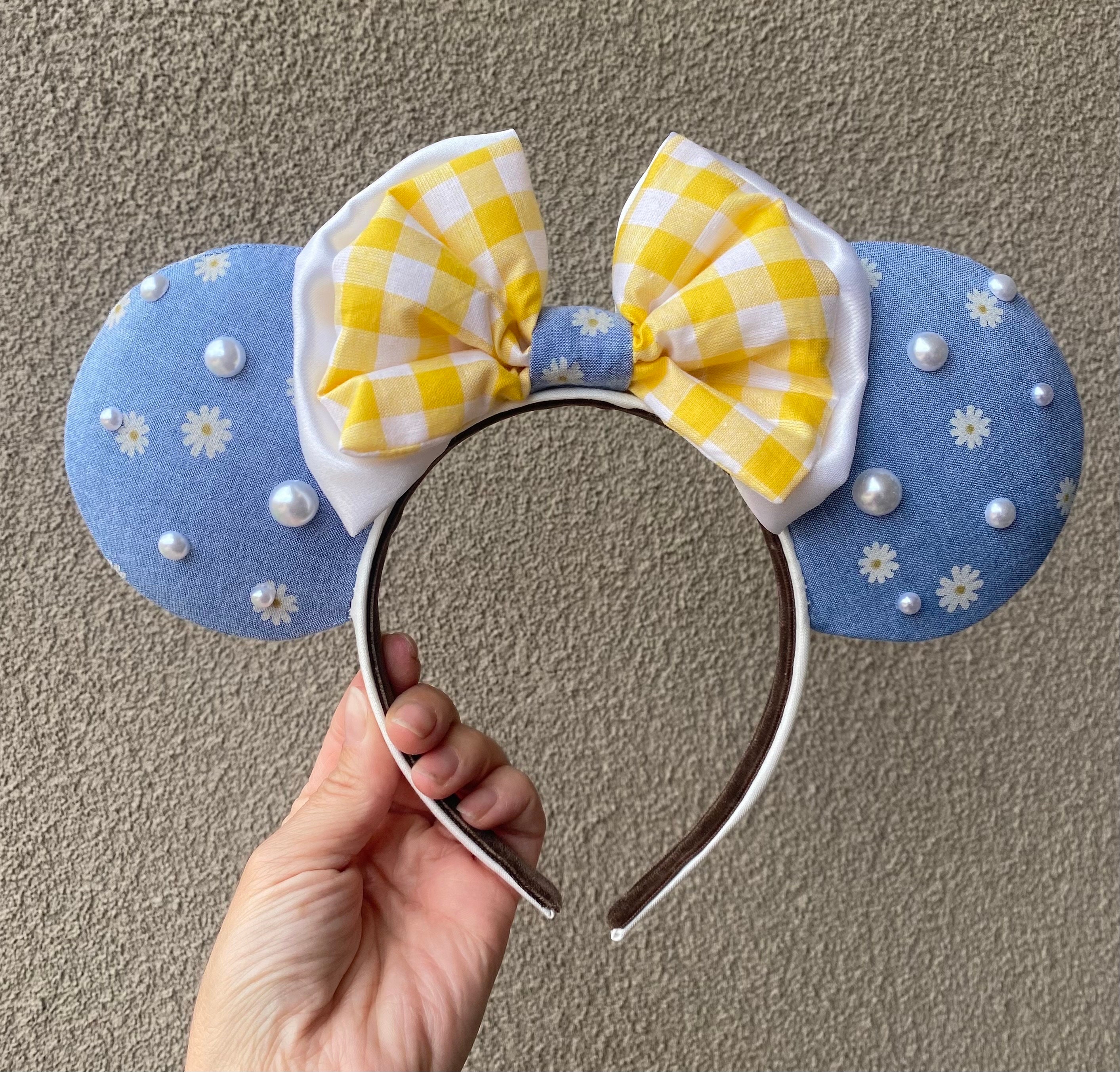 Daisy Flowers Mouse Ears | Denim, Yellow Plaid Bow, Pearl 