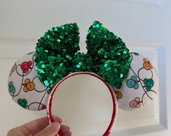 Mickey Christmas Lights Mouse Ears, Mouse String Lights Holiday Minnie Ears, Red or Green Bow, Disney Christmas Mickey Mouse Ears Headband
