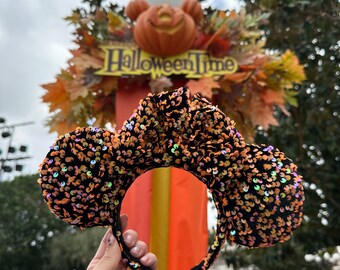 Disney Parks Halloween Orange & Black Sequin Minnie Ears  display picture 3