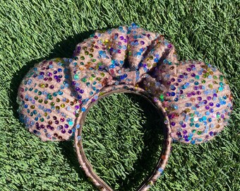 Pastel Rainbow Sequin Minnie Mouse Ears, Sparkly Birthday Celebration Disney Headband