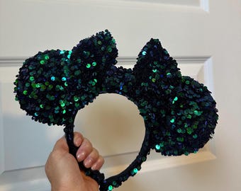Blue Green Sequin Minnie Mouse Ears, Sparkly Disney Headband, Sorcerer Mickey, Fantasia, Fantasmic, Star Wars, Avatar, Moana