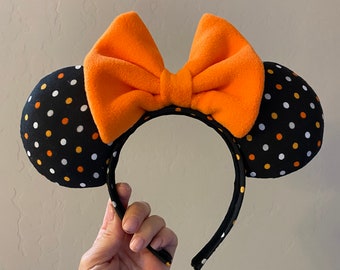 Polka Dot Halloween Mouse Ears, Orange Bow Disney Minnie Mickey Headband