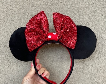 Classic Minnie Mouse Ears, Red Sequin Bow, Polka Dot Headband