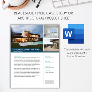May include: A Microsoft Word document template for a real estate flyer, case study, or architectural project sheet. The document features a modern house image, a blue and white Microsoft Word logo, and the text "Customizable Microsoft Word Document | Instant Download."