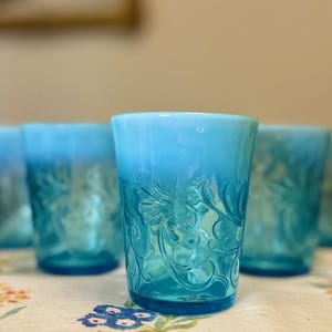 Blue Opalescent Fenton Art Glass Tumblers in the Button and Braids Pattern - Set of 6