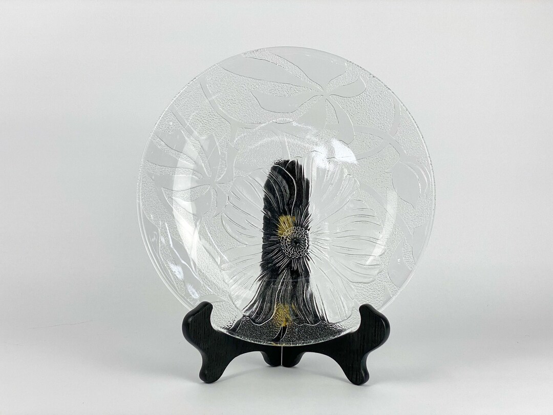 Vintage Floral Glass Serving Plate, Indonesian Etched Hibiscus Glass