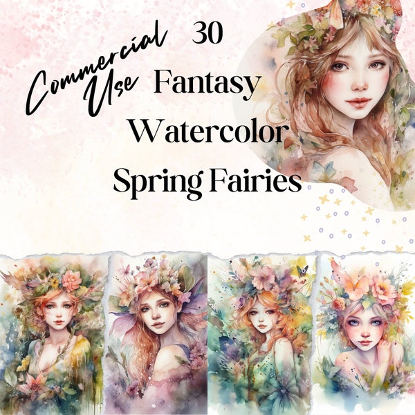 30 Clipart aquarelle de fantaisie de printemps | fée magique | Clipart de fée | Graphiques de conte de fées | Conceptions de sublimation | Journal indésirable | Pack PNG