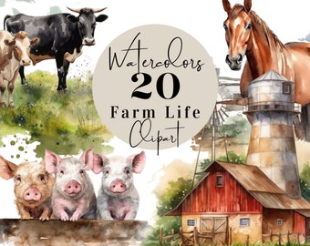 Watercolor Farm Animals Clipart | Barn, Pig, Cow (Digital Download)