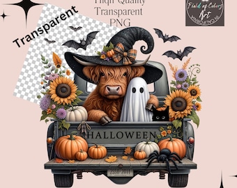 Halloween Highland Cow PNG, Witch Costume, Vintage Truck (Digital Download)