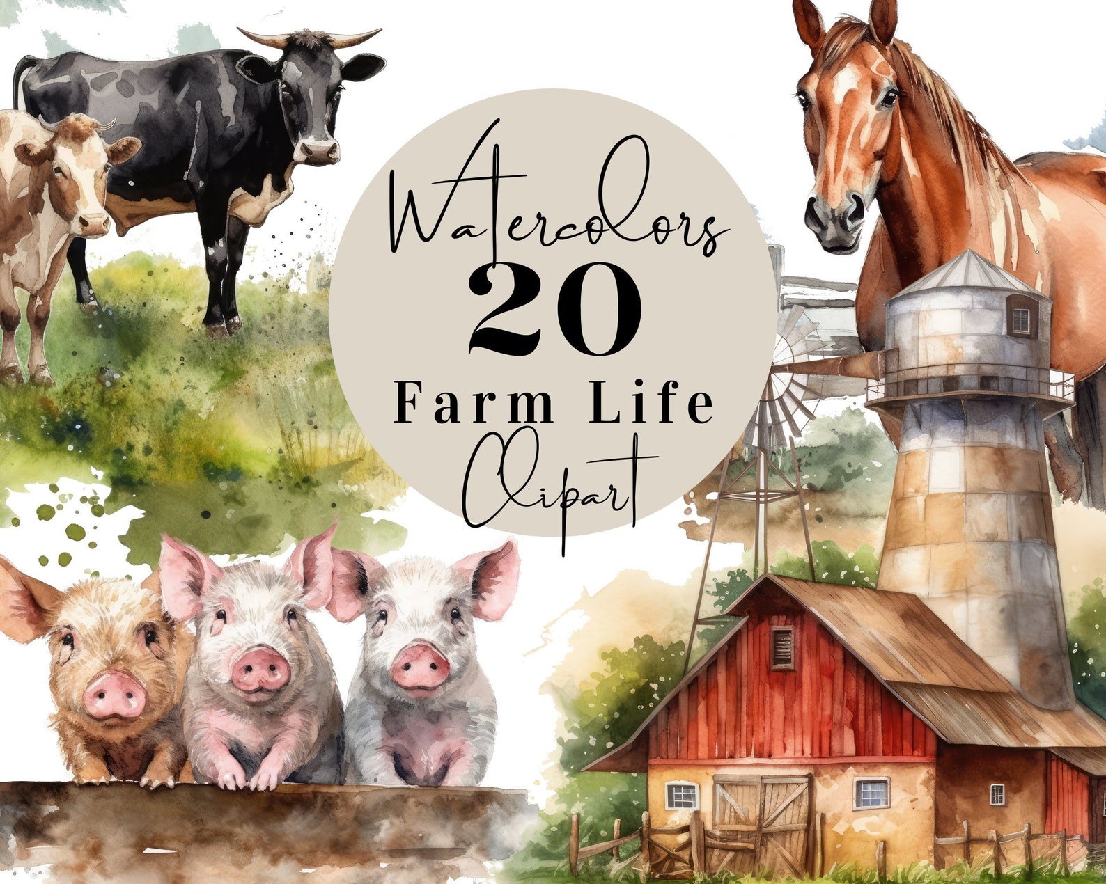 Cute Farm Clipart | Farm Animals Watercolor Digital Clipart | Printable ...
